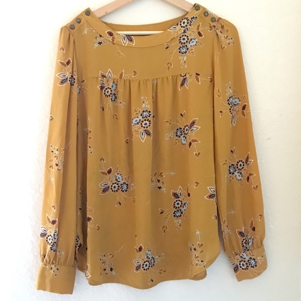 LOFT Mustard Floral Long-Sleeve Blouse
